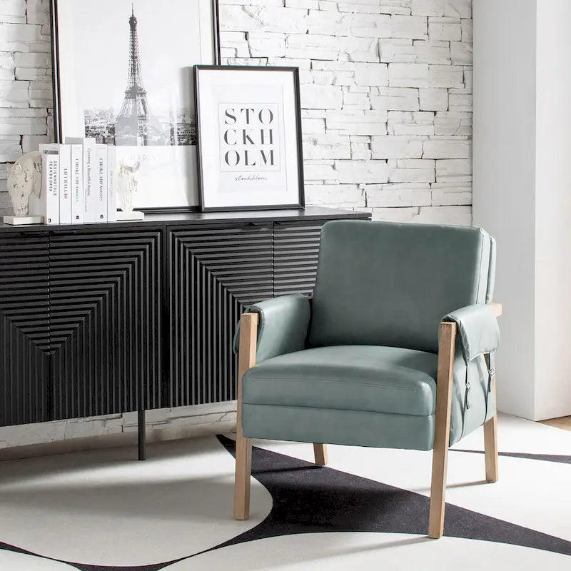 Farmhouse Faux Leather Accent Chair with Solid Wood Legs