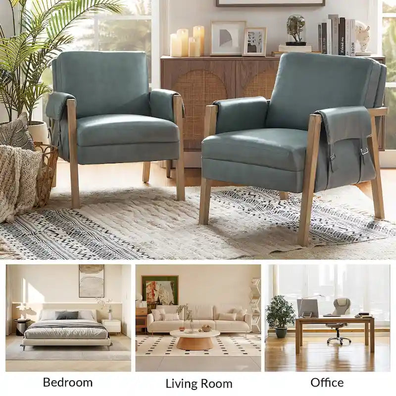 Farmhouse Faux Leather Accent Chair with Solid Wood Legs