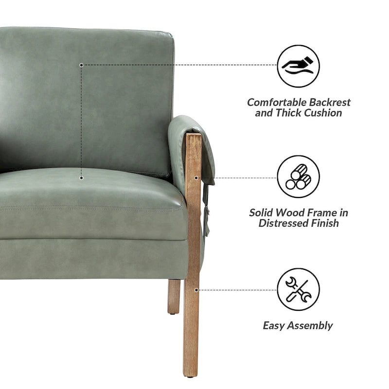 Farmhouse Faux Leather Accent Chair with Solid Wood Legs
