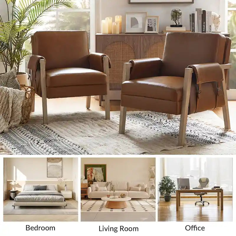 Farmhouse Faux Leather Accent Chair with Solid Wood Legs