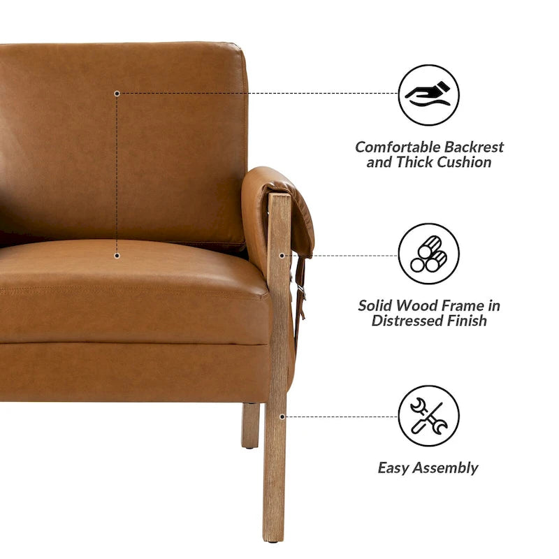 Farmhouse Faux Leather Accent Chair with Solid Wood Legs