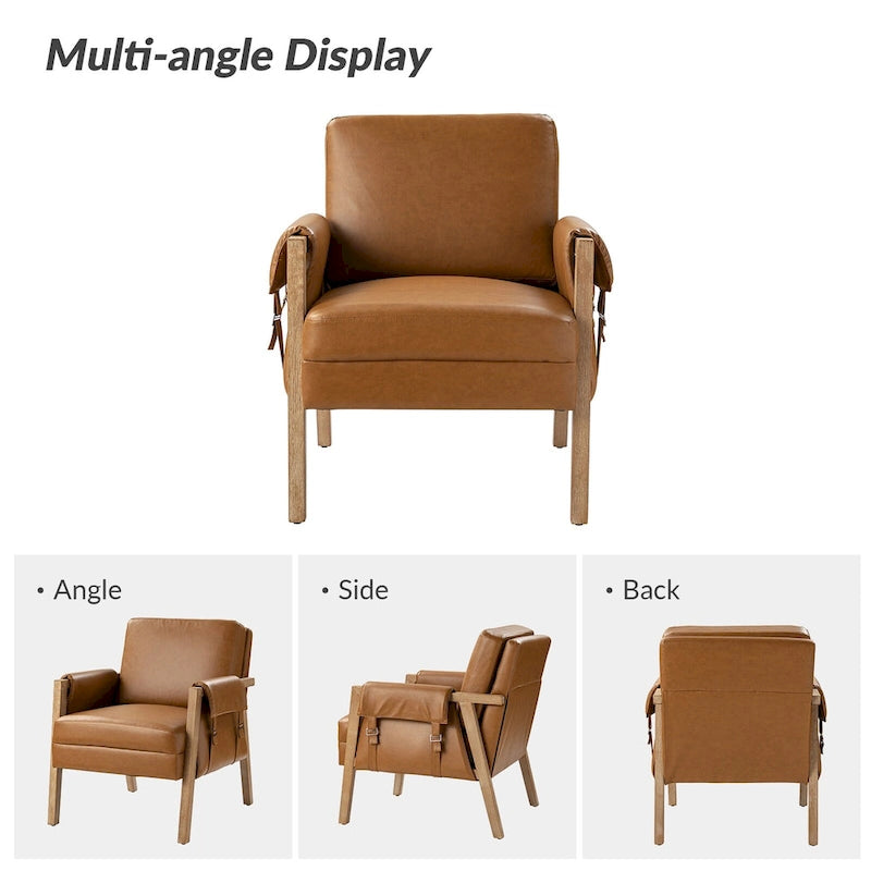 Farmhouse Faux Leather Accent Chair with Solid Wood Legs