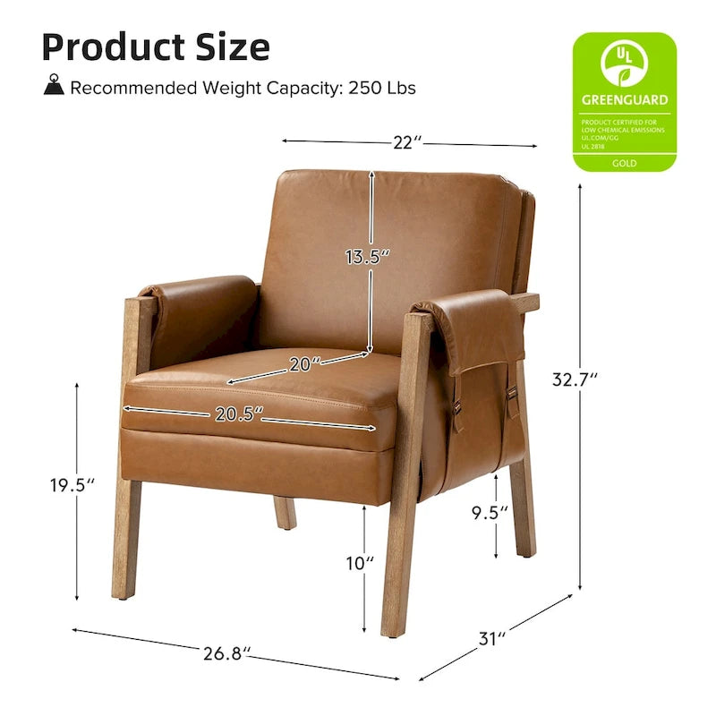 Farmhouse Faux Leather Accent Chair with Solid Wood Legs