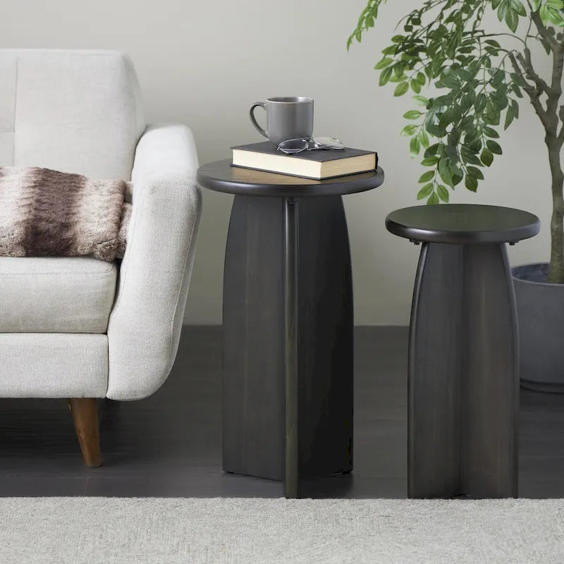 Wood Pedestal Side End Accent Table - Set of 2 Black or Brown