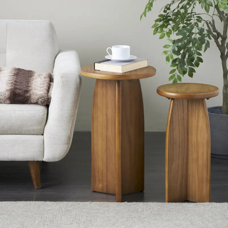 Wood Pedestal Side End Accent Table - Set of 2 Black or Brown
